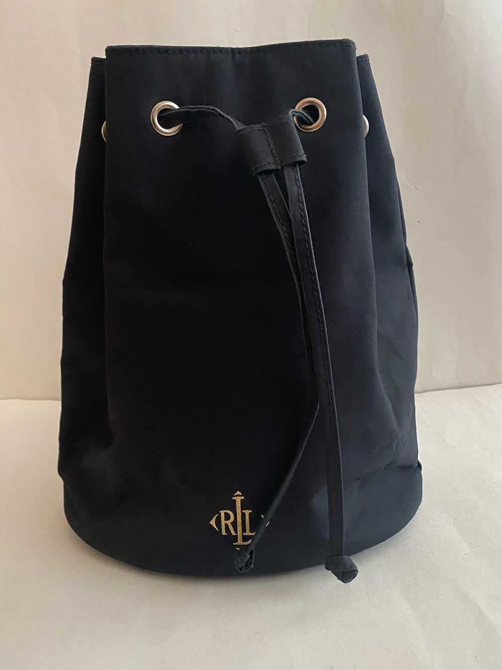 Vintage Ralph Lauren Black Drawstring Backpack with Gold RL Emblem